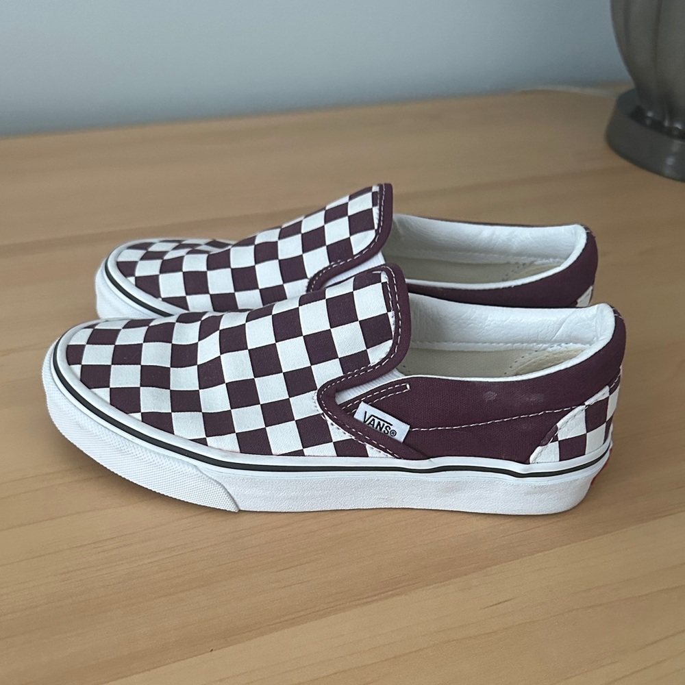Vans women’s  Maroon and White Checkerboard Slip-Ons